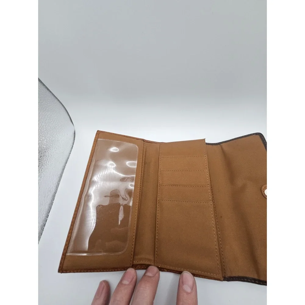 Fossil Brown Leather Patchwork Floral Tri-Fold Wallet with Zipper Pocket